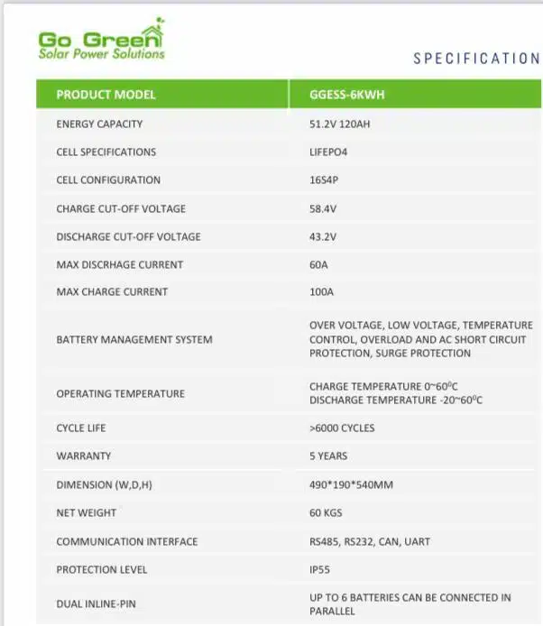باتری لیتیومی 6 کیلووات گوگرین مدل GGESS-6KWH-51.2V-120AH (U-BTR) - Go Green - تصویر 2